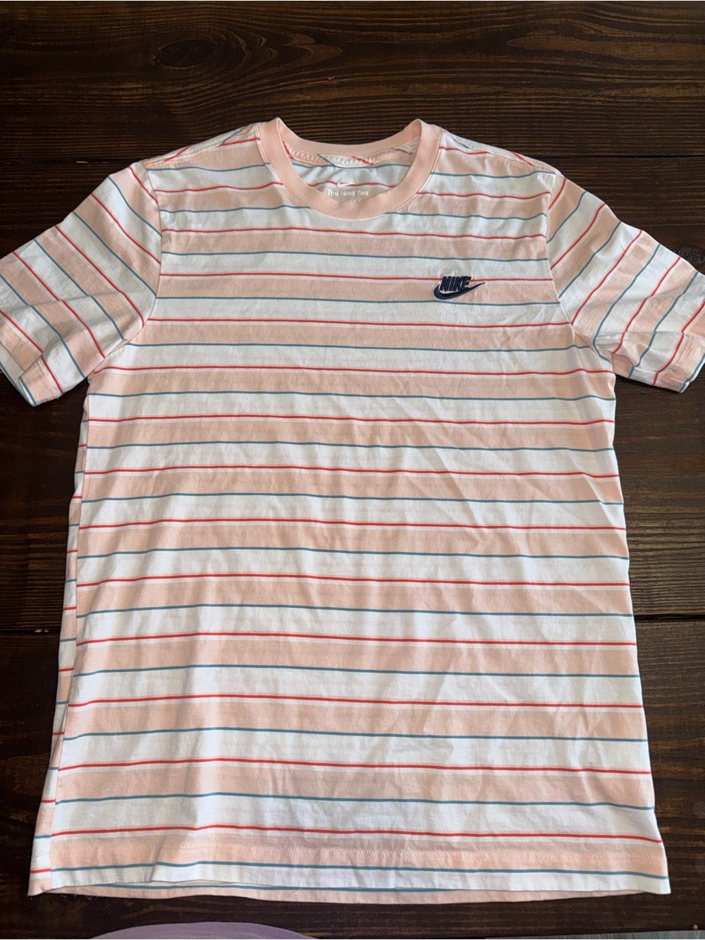Nike Men’s Pink, Red & Blue Striped Crew Neck Tee